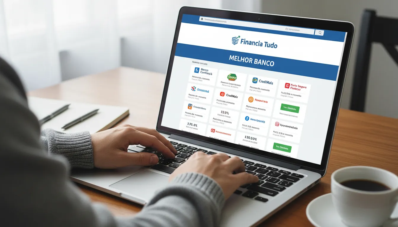 Pessoa usando um laptop para comparar opções de empréstimo de diversos bancos no site da Financia Tudo. Uma maneira fácil de encontrar o melhor banco para fazer empréstimo online.