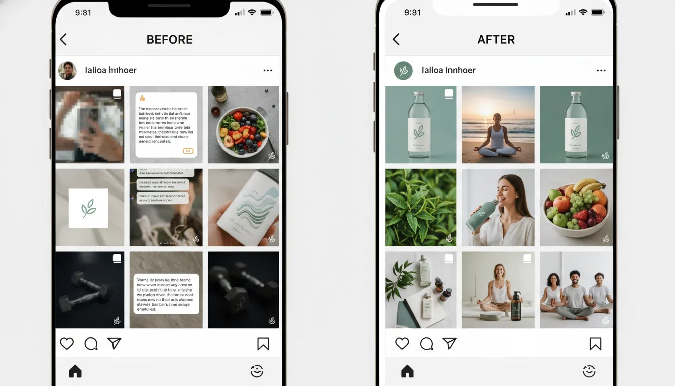 Comparativo 'antes e depois' da presença online de marca wellness, mostrando otimização para answer engine optimization e melhoria de posicionamento.
