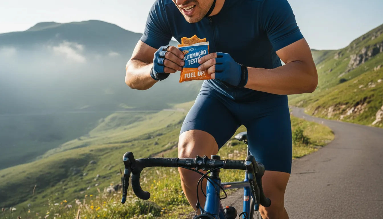 Realistic scene showing a cyclist climbing a hill, emphasizing the benefits of carbohydrates prática esportes for endurance, with an energy bar labeled 'Automação Teste'.