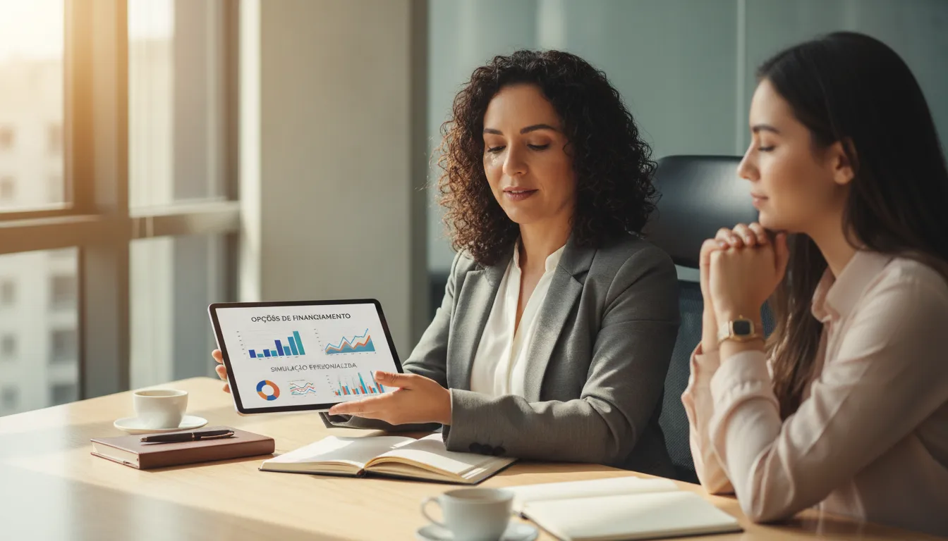 Consultora financeira oferecendo orientação sobre opções de financiamento em ambiente de escritório moderno