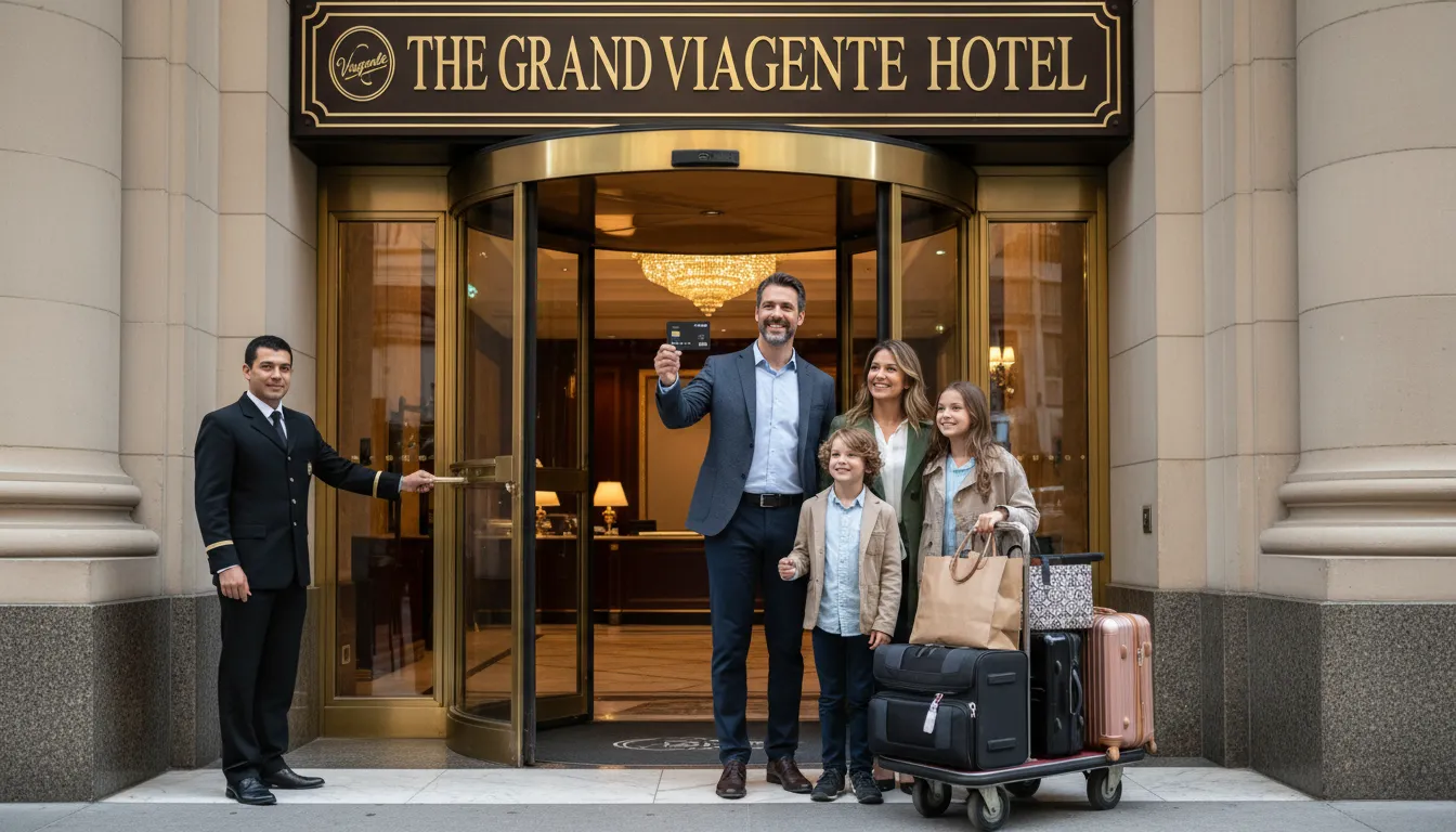 Família feliz fazendo check-in em hotel de luxo com cartão XP Visa Infinite, em associação com a Viagente.