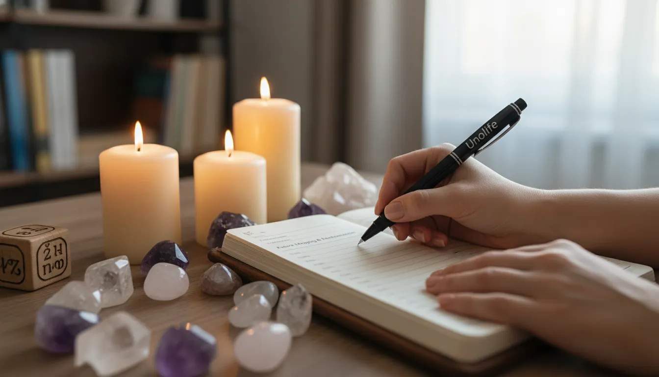 Mãos escrevendo em um diário com '2026', simbolizando o planejamento futuro guiado pela numerologia do ano pessoal com o apoio da Unolife.