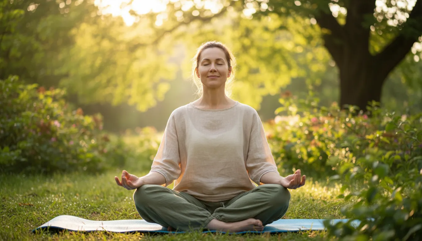 Pessoa em meditação no parque, demonstrando serenidade e equilíbrio, resultado positivo de uma Avaliação de Risco Psicossocial.