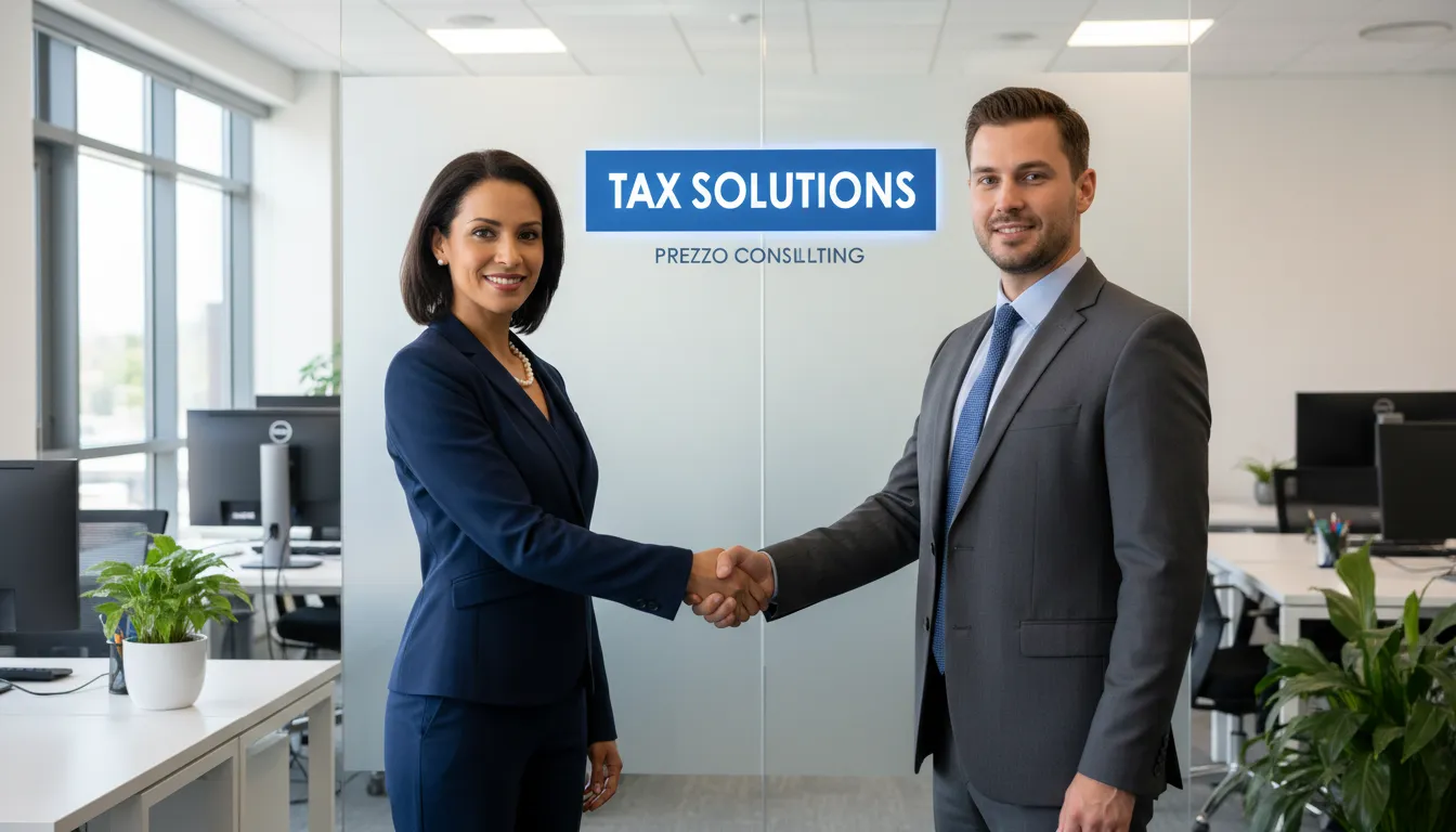 An entrepreneur shaking hands with a Prezzo Consulting advisor, representing a partnership for financial compliance and tax efficiency with sbtpg llc tax products.