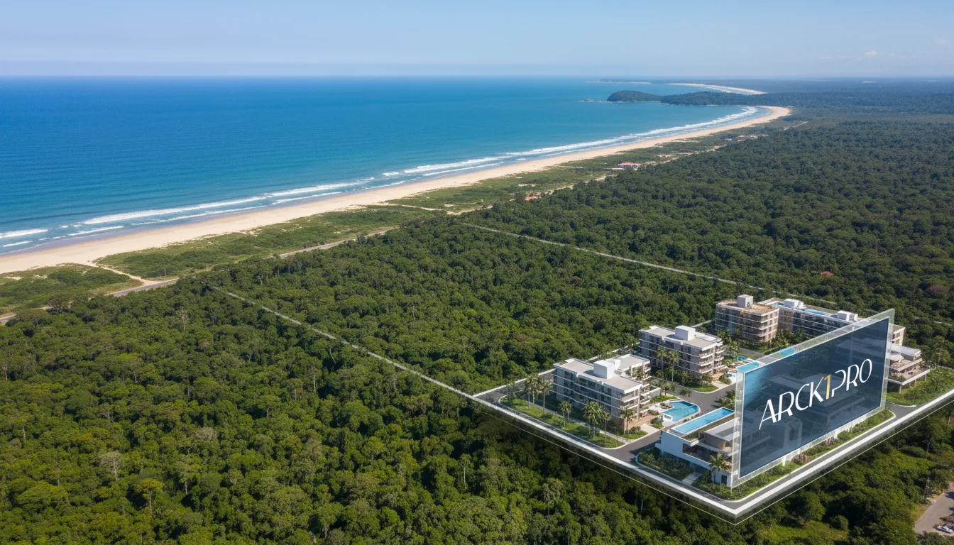 Vista aérea de terreno costeiro com projeção arquitetônica, simbolizando a análise de viabilidade na due diligence imobiliária.