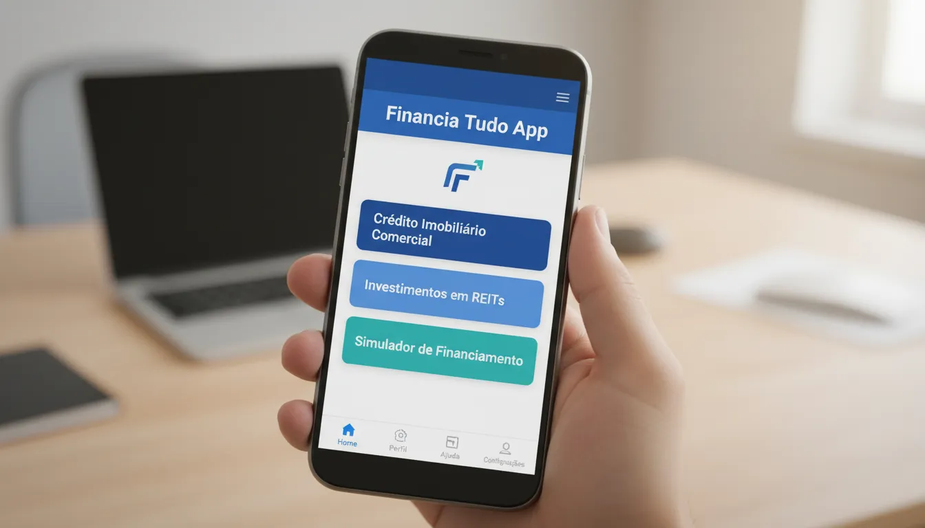 Interface do aplicativo Financia Tudo exibida em um celular, mostrando opções claras e fáceis para o financiamento de imóveis comerciais.