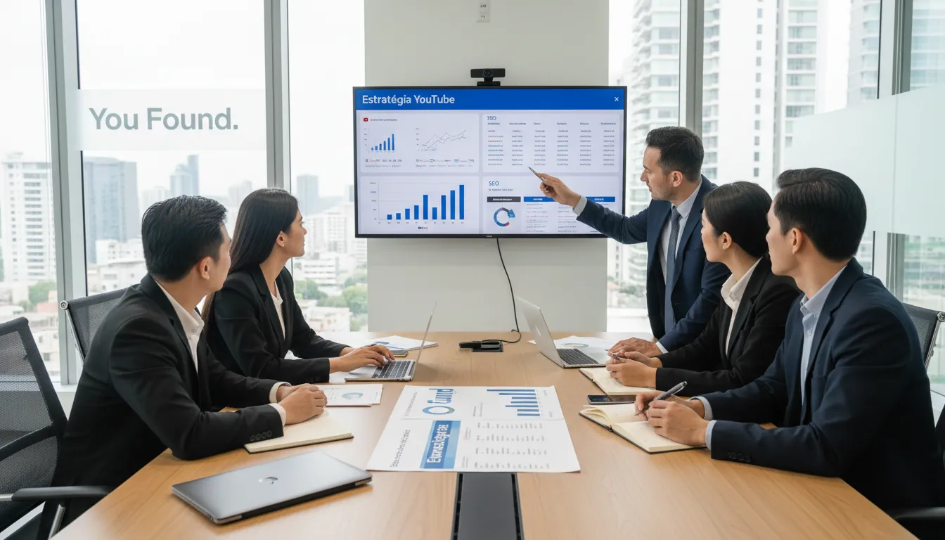 Reunião estratégica da You Found, demonstrando a importância do SEO e análise de dados para o sucesso de um videomaker no YouTube.