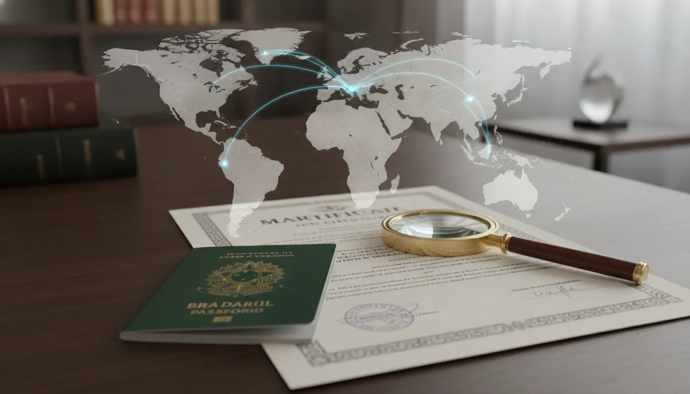 Documentos divórcio exterior, passaporte, mapa-múndi e lupa. Ilustra o custo homologação sentença estrangeira STJ no Brasil.