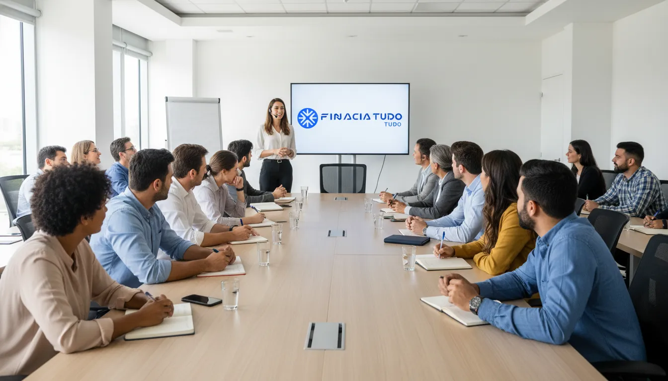Participantes aprendendo sobre como evitar erros de iniciantes em investimentos em seminário da Financia Tudo, ambiente moderno e acolhedor.