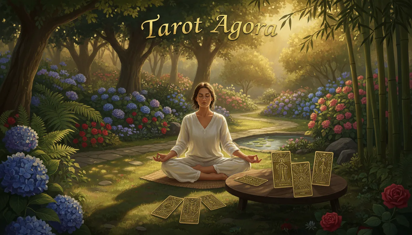 Meditação com cartas de tarot em jardim, promovendo autoconhecimento. Descubra como o tarot pode revolucionar vida pessoal, blog Aooraculo.