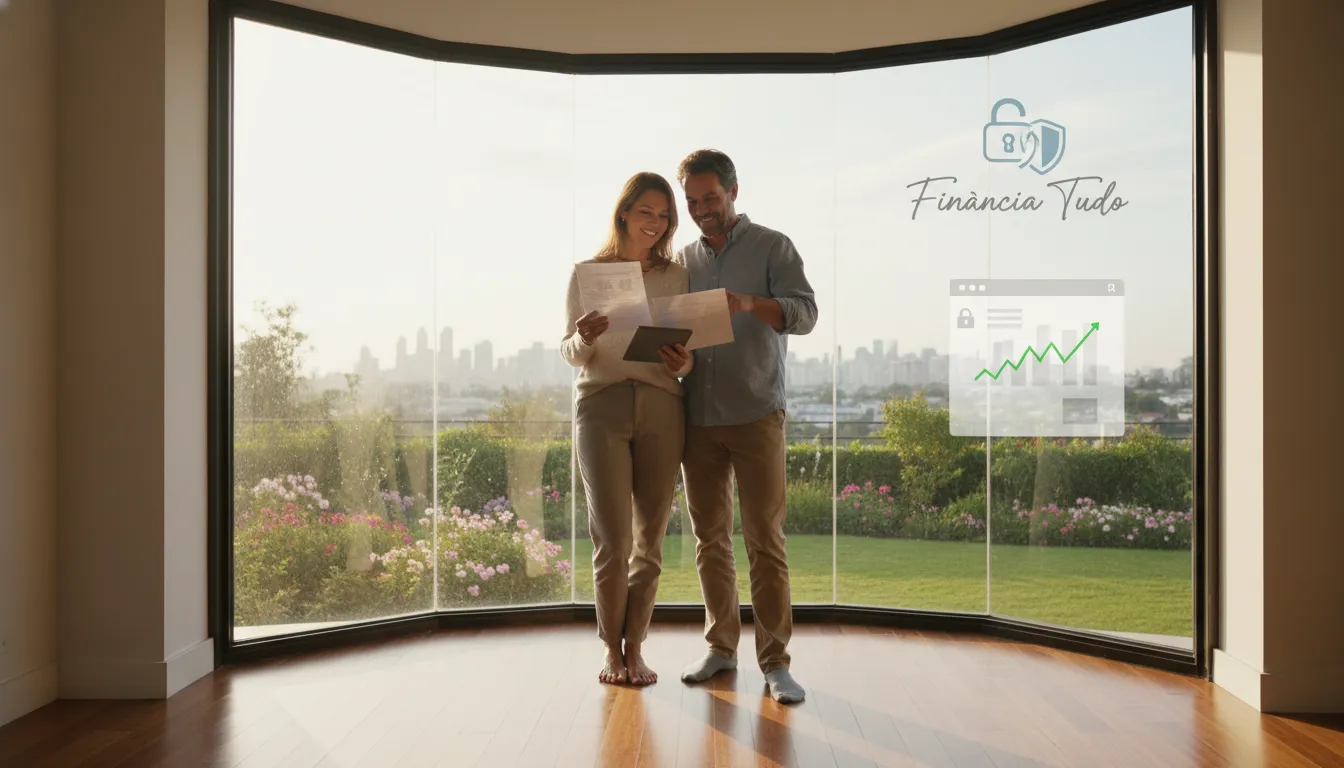 Casal celebra a segurança de trocar financiamento por crédito, planejando o futuro com tranquilidade e apoio.