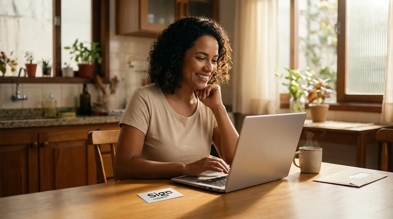 Mulher sorri ao consultar score de credito no computador em casa.