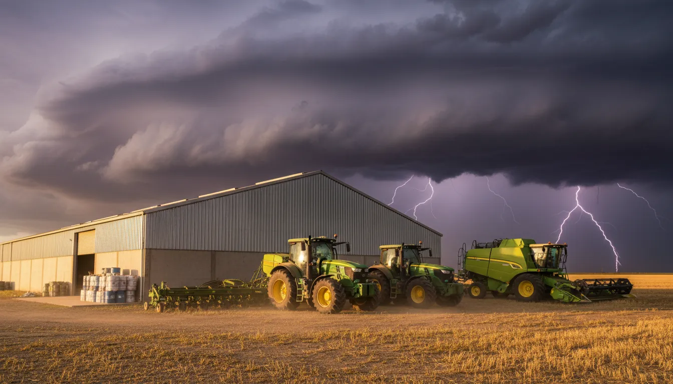 Maquinário agrícola brasileiro e galpão com tempestade se aproximando ao fundo, simbolizando risco à produção.