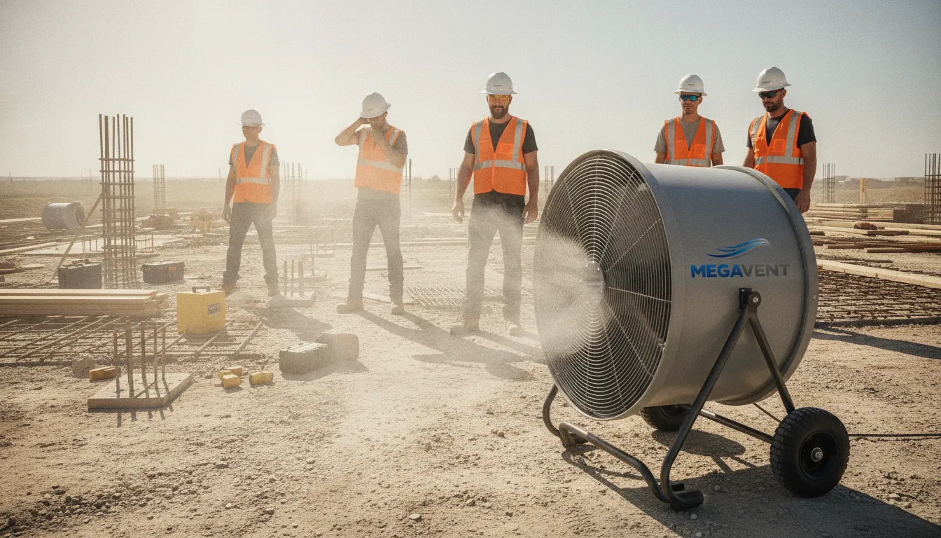 Ventilador portátil industrial MegaVent refresca trabalhadores em canteiro de obras quente. Alivia o calor intenso.