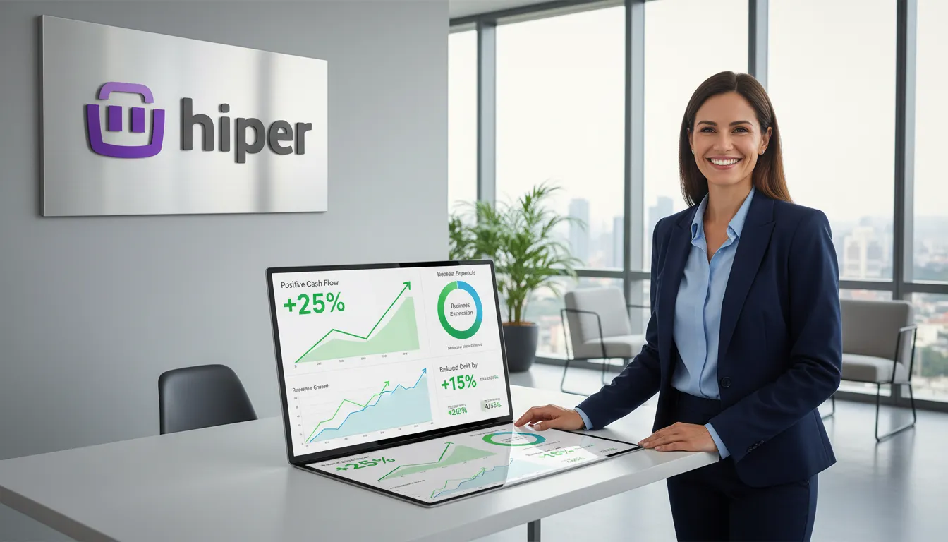 Empresário sorrindo ao analisar dashboard com indicadores de crescimento, refletindo os benefícios da antecipação de recebíveis.