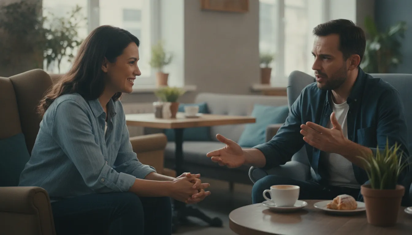 Duas pessoas em conversa empática, demonstrando escuta ativa e conexão. Essencial para inteligência emocional.