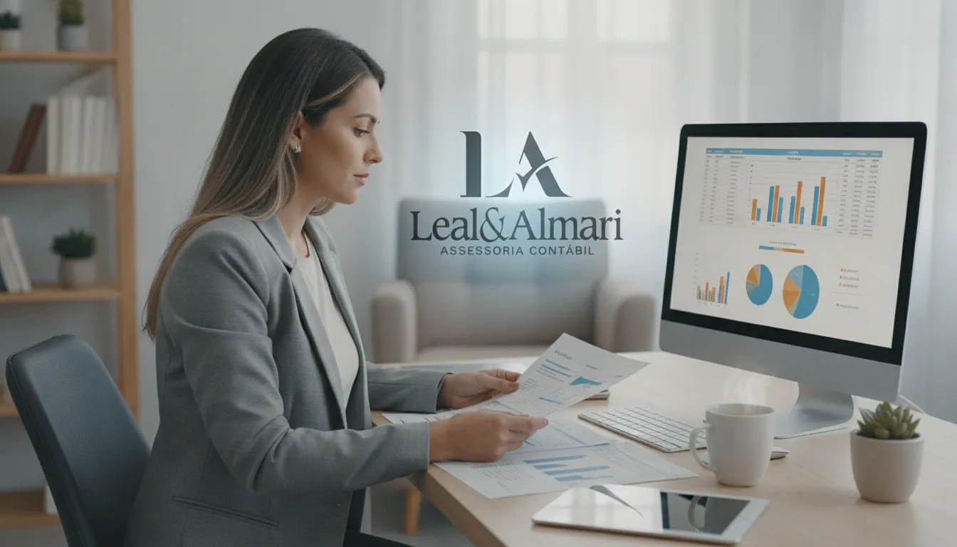 Mulher empresária otimiza planejamento tributário para pequenas empresas, visualizando economia de impostos.