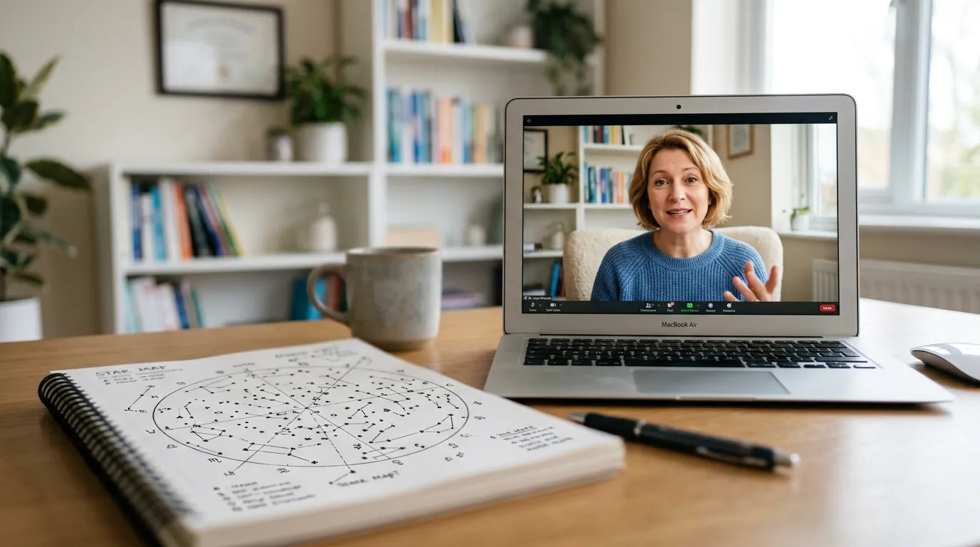 Psicóloga atende paciente online que utiliza mapa astral para autoconhecimento.