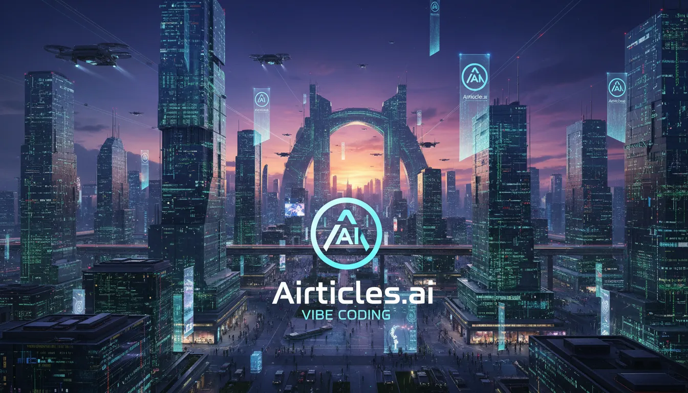 Uma paisagem urbana futurista com arranha-céus projetados para se assemelharem a linhas de código. Drones carregam banners da Airticles.ai, representando Vibe Coding: o futuro da tecnologia.