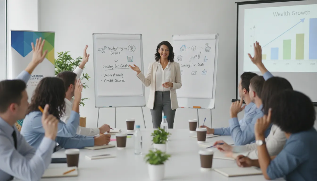 Como captar clientes para crédito: Workshop educação financeira, comunidade aprendendo sobre crédito.