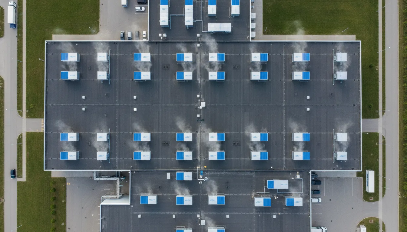 Vista aérea de múltiplos exaustores industriais MegaVent no telhado de complexo, garantindo ventilação abrangente e controle calor.