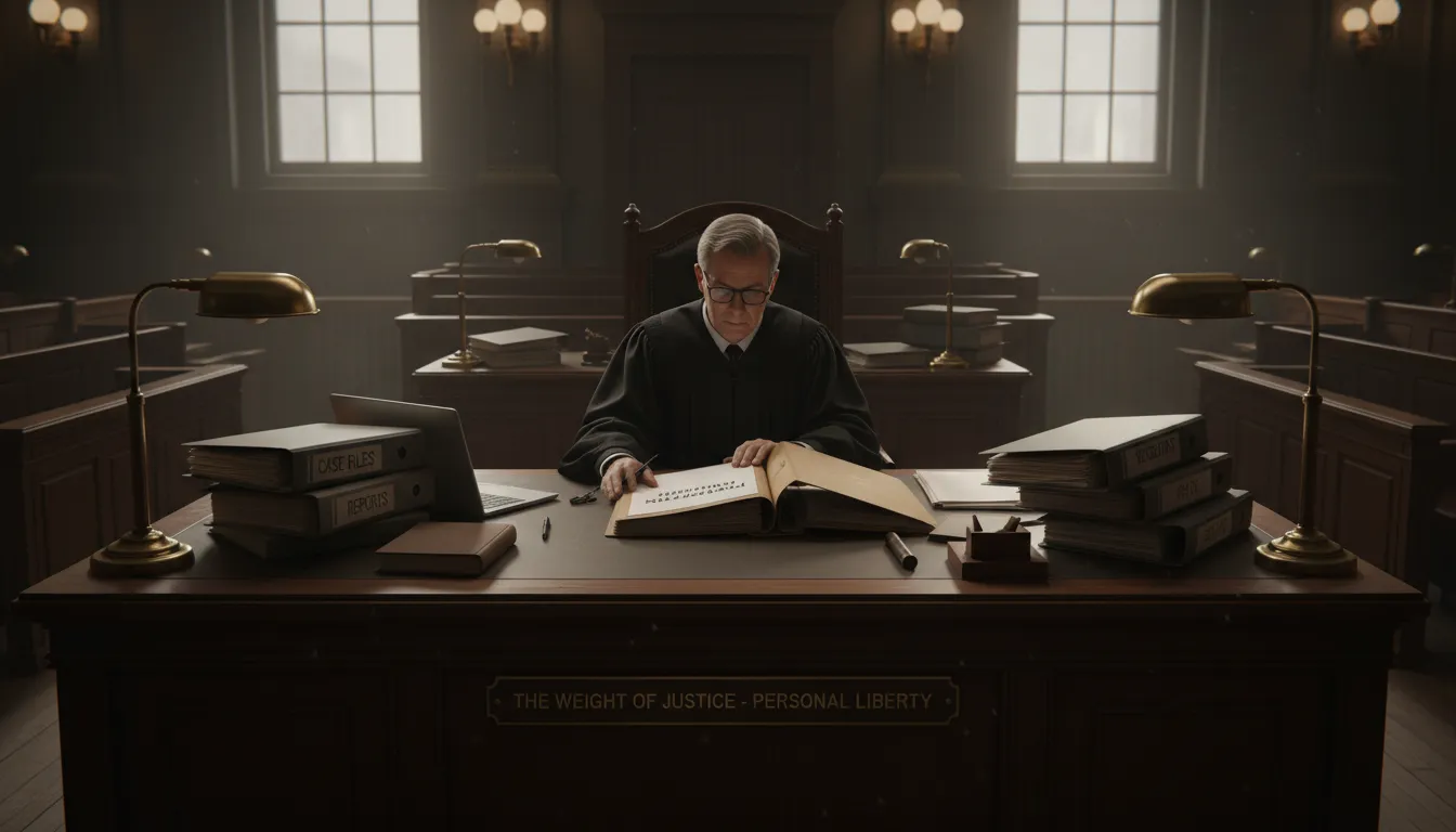 Juiz revisando processos de prisão preventiva em tribunal, destacando seriedade das decisões