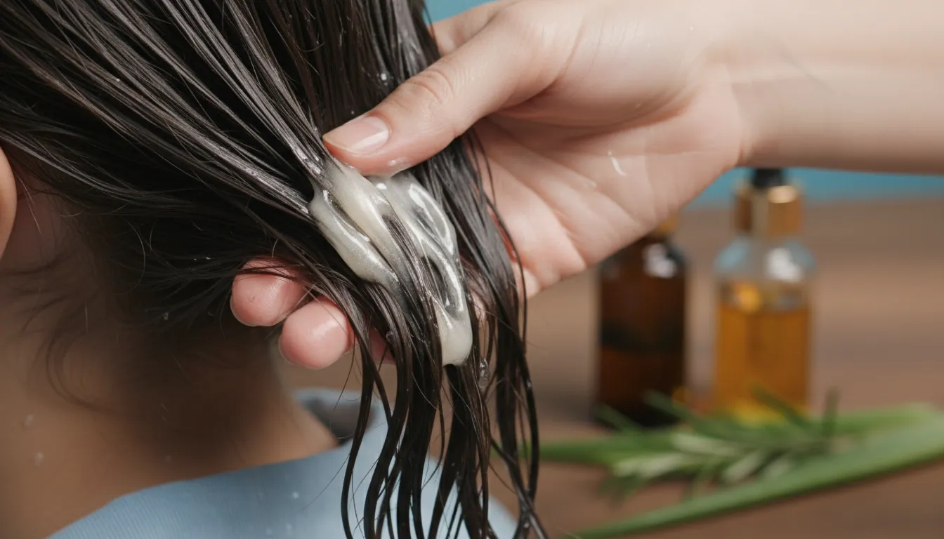 Aplicação de máscara capilar hidratante em cabelo úmido mostrando tratamento intensivo.