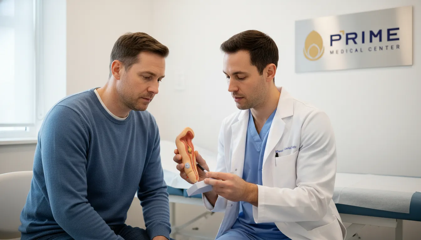 Homem recebe diagnóstico de doença de Peyronie do médico, que explica com modelo anatômico.