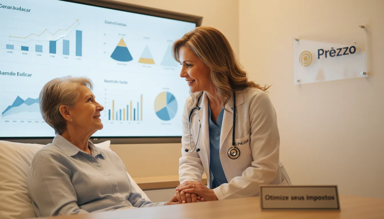 Médico focado no cuidado ao paciente com gráficos financeiros ao fundo, simbolizando a contabilidade otimizada para médicos no Rio de Janeiro.