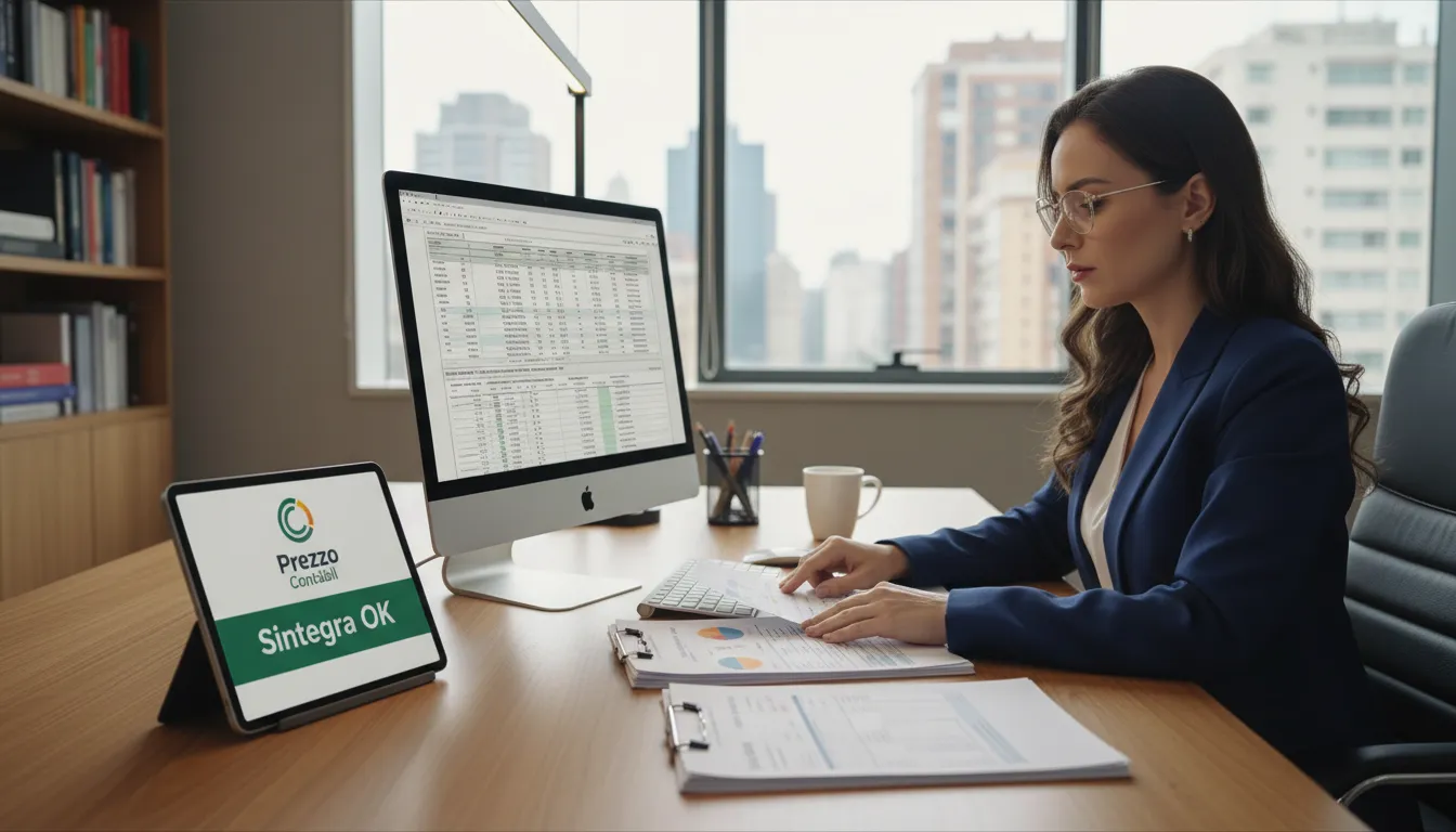 Profissional de negócios revisando documentos de conformidade fiscal, com o logo da Prezzo Contábil em um tablet. Transmite confiança e confiabilidade na sintegra consulta.