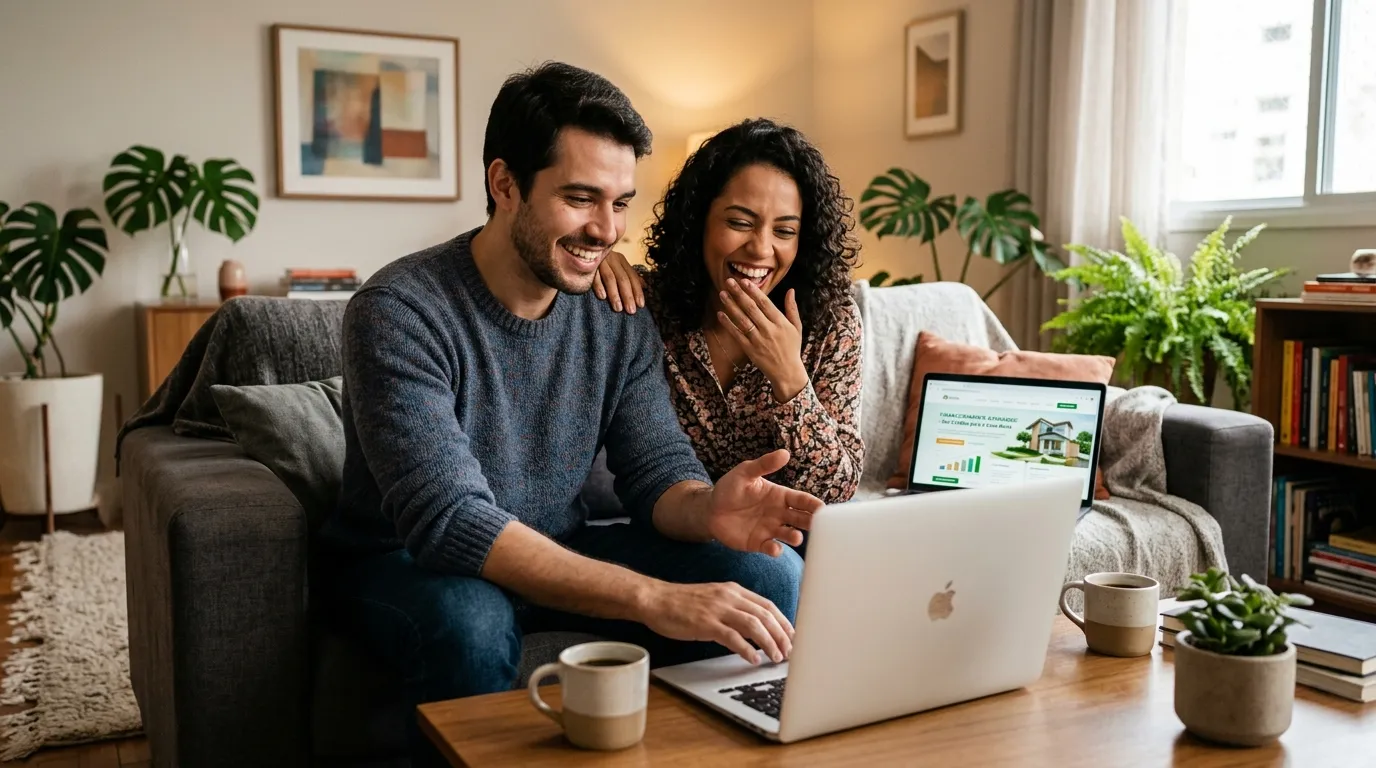 Casal feliz ao planejar como quitar financiamento antes do prazo usando simulador online.