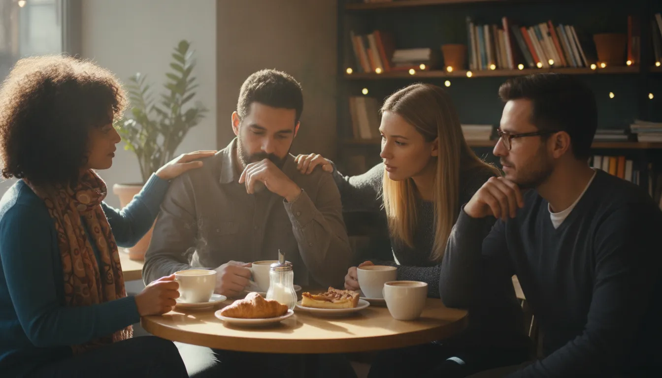 Amigos conversando sobre a derrota na Copa do Mundo, buscando apoio e autoconhecimento juntos.