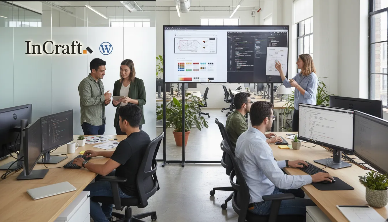 Equipe colaborando no desenvolvimento de um site institucional, integrando design e desenvolvimento com WordPress.