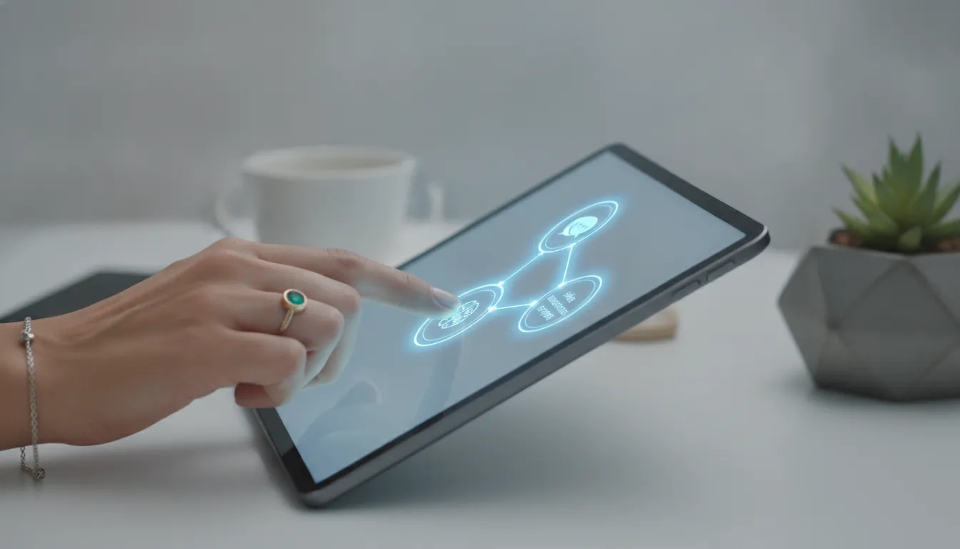 Mão interage com tablet exibindo interface IA HGTX, otimizando processos para vencer concorrência.