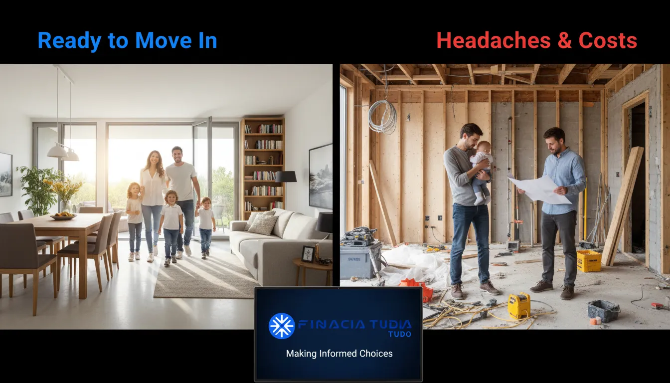 Lado a lado: família feliz em casa pronta vs. problemas na construção. Avalie se financiar construção vale a pena.