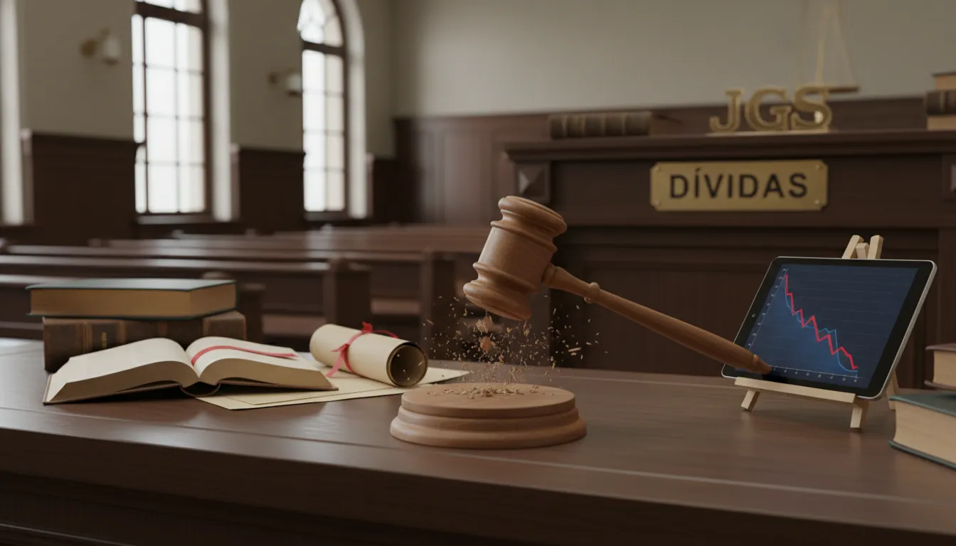 Cena de tribunal com um martelo batendo, simbolizando a ação legal da JGS Advogados na renegociação de dívidas CNPJ, protegendo o patrimônio da empresa.