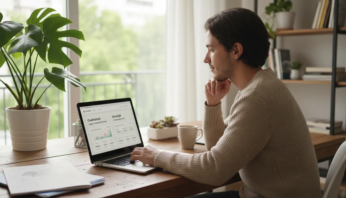 Jovem adulto acessando simuladores de crédito em notebook, indicando busca de melhores opções financeiras online.