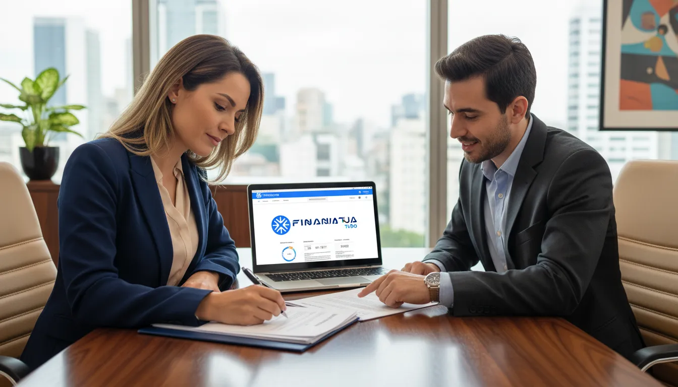 Mulher de negócios assinando documentos de home equity com a assistência da Financia Tudo, demonstrando confiança e segurança.