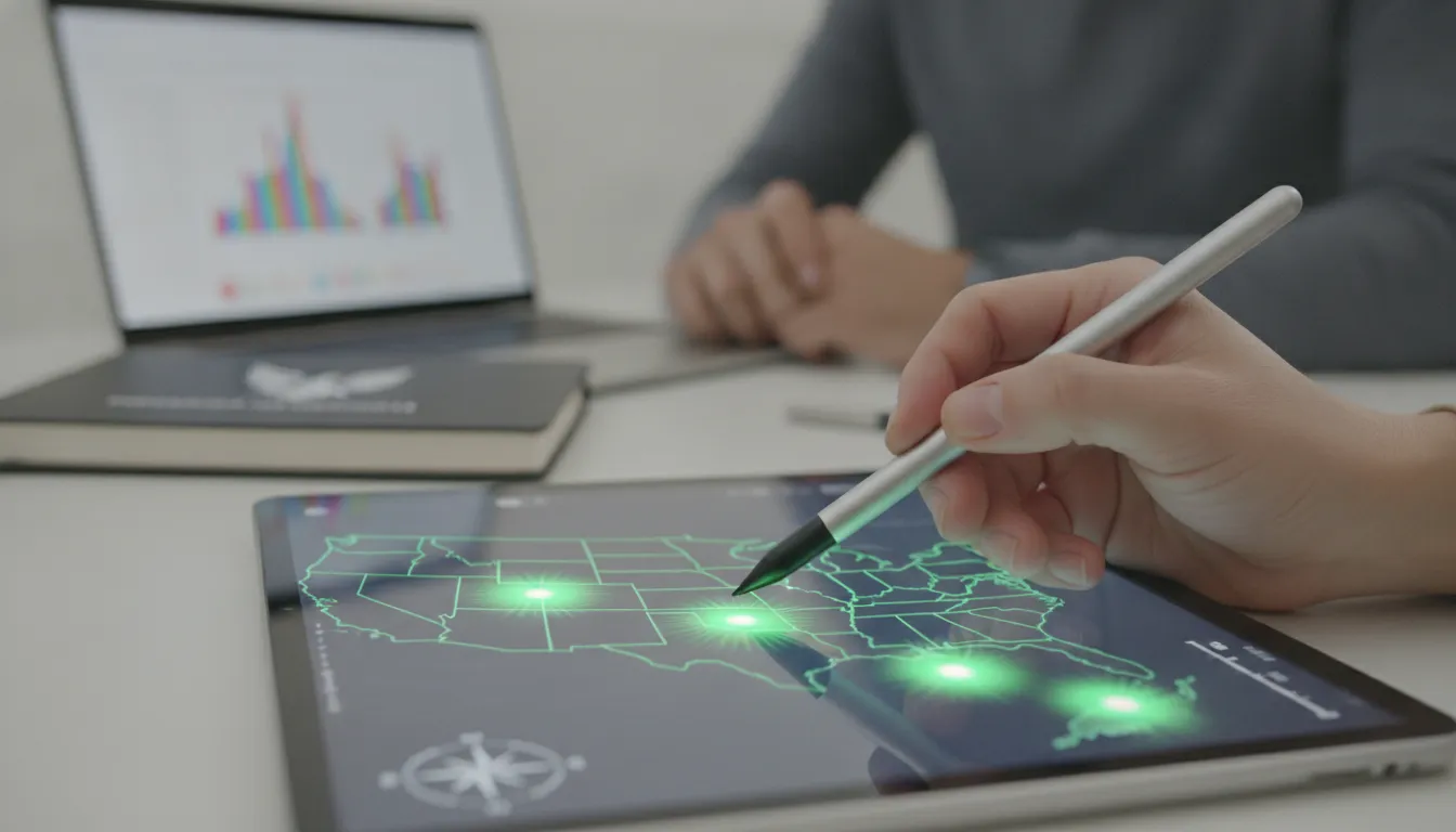 Mão aponta estados estratégicos no mapa digital, destacando os Melhores Estados para Abrir Empresa nos EUA.