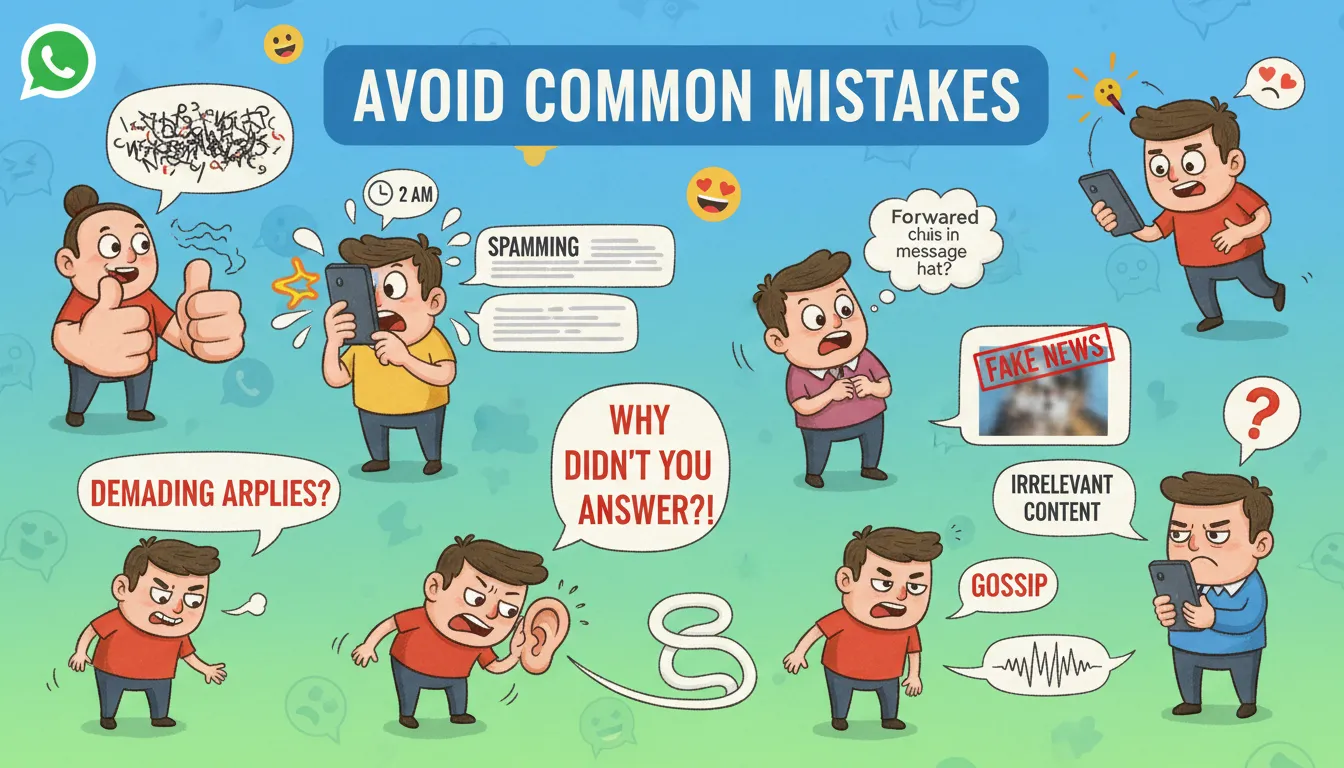 Ilustração divertida de erros comuns em mensagens no WhatsApp.