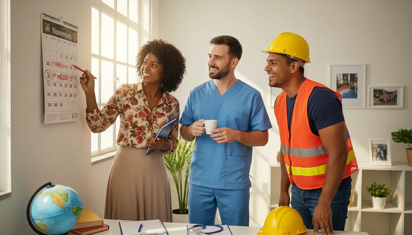 Trabalhadores de diferentes áreas analisando o calendário com datas do décimo terceiro em destaque.