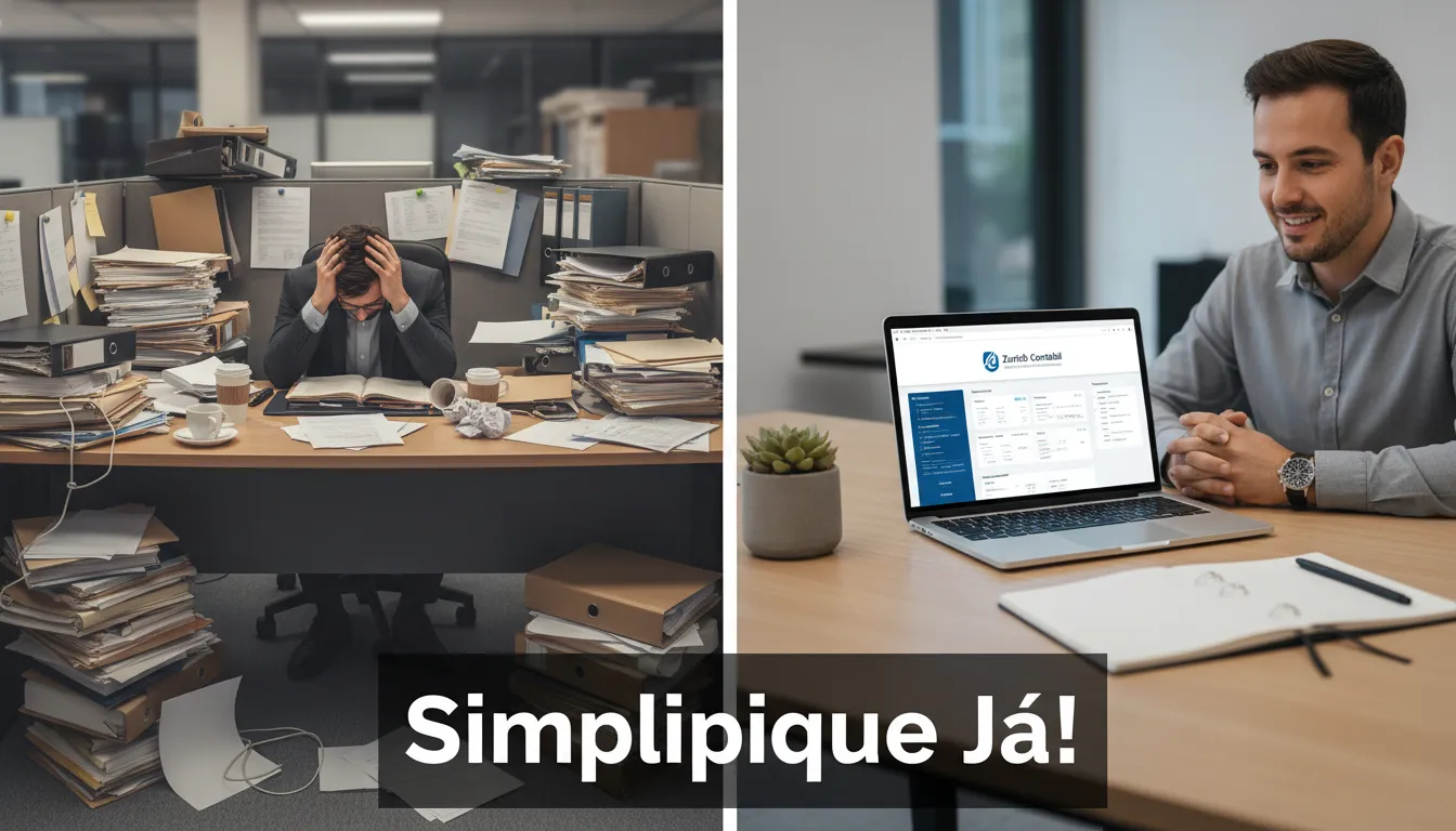 Tela dividida mostrando caos e organização: a solução da Zurich Contábil simplifica o processo de reenquadramento simples nacional, eliminando a papelada e otimizando a gestão.