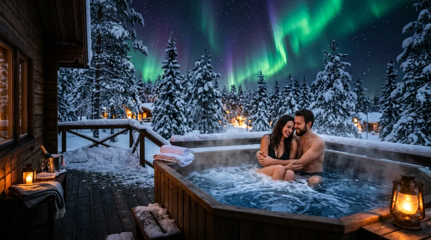 Casal em piscina aquecida sob a aurora boreal celebrando sua lua de mel.