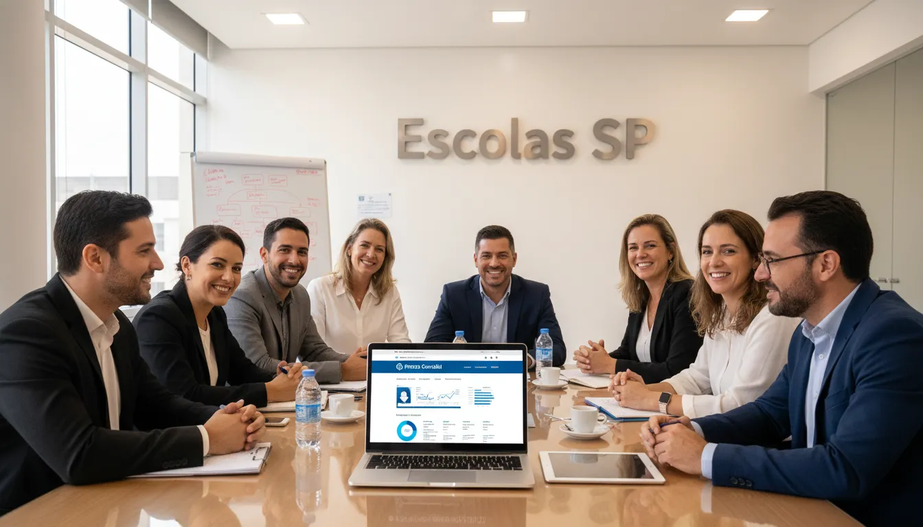 Professores e administradores reunidos em uma sala de conferências, discutindo finanças. Laptop mostrando o site da Prezzo Contábil, perfeito para Contabilidade para Escolas em São Paulo.