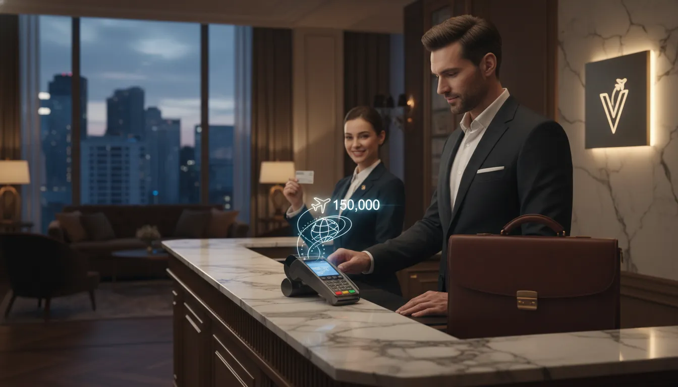 Empresário usando cartão de crédito em hotel de luxo, ilustrando como acumular milhas rapidamente com a Viagente.
