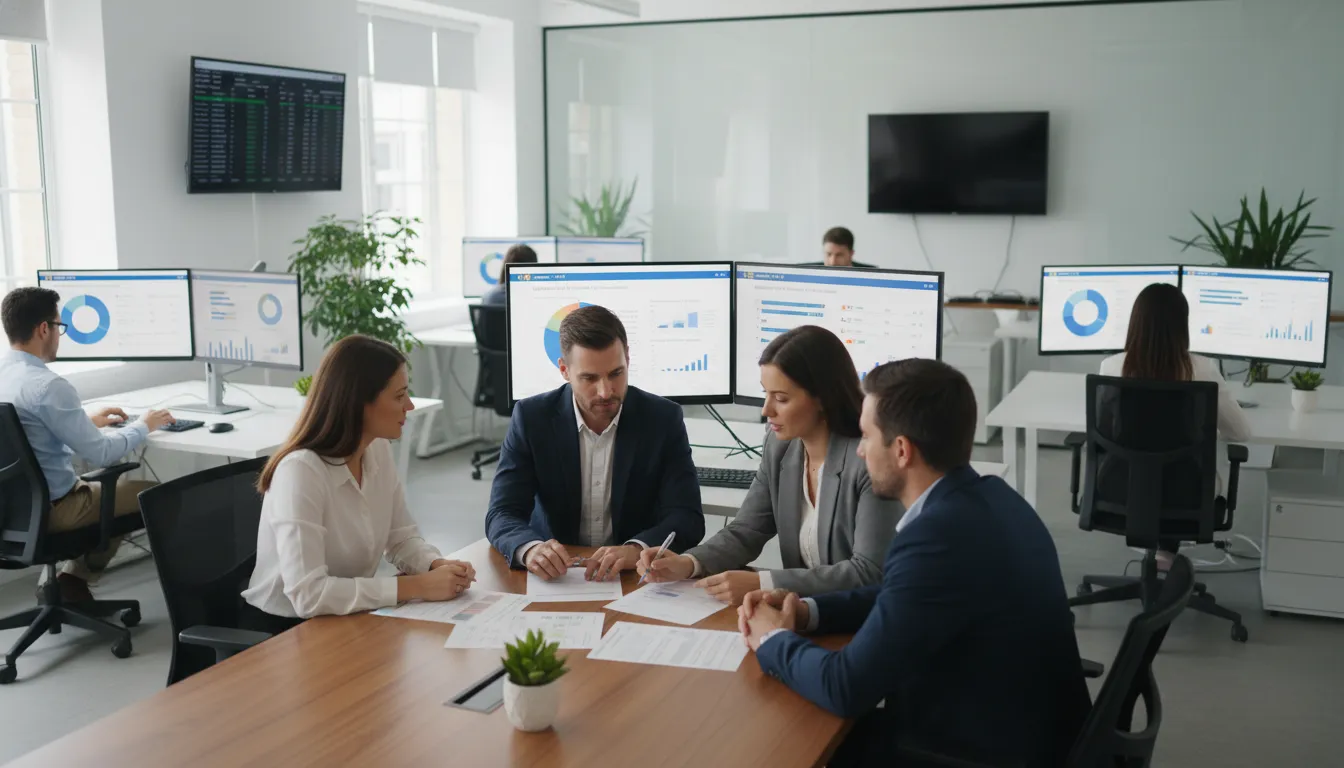 Equipe usando ERP para analisar impacto do imposto do pecado sobre finanças e estoques de uma empresa.