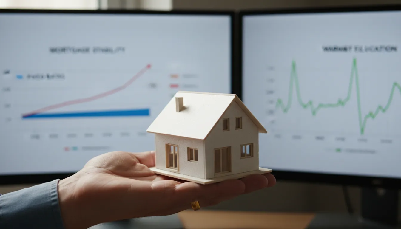 Comparação visual entre taxas fixas e variáveis em Home Equity, com gráficos ao fundo e casa em destaque.