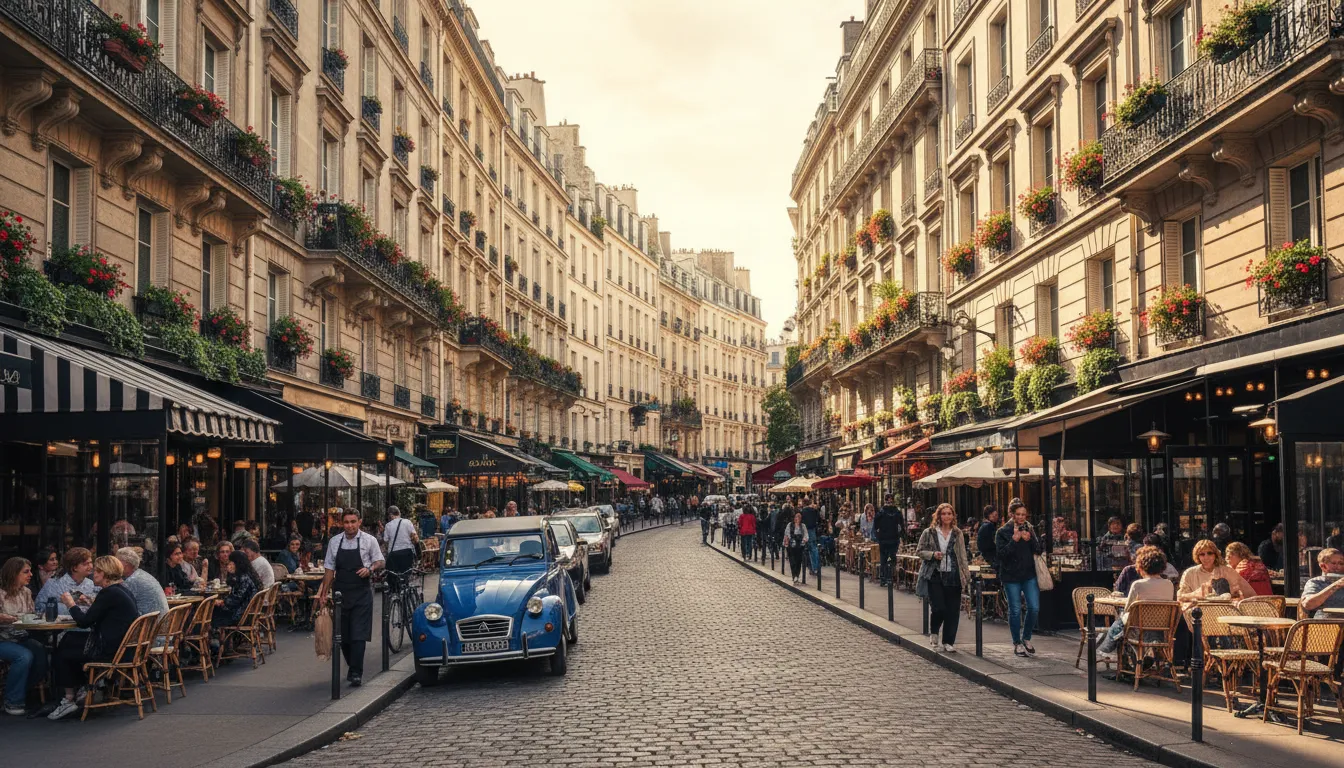 Uma rua charmosa de Paris com cafés ao ar livre e arquitetura histórica, convidando a explorar a cidade.