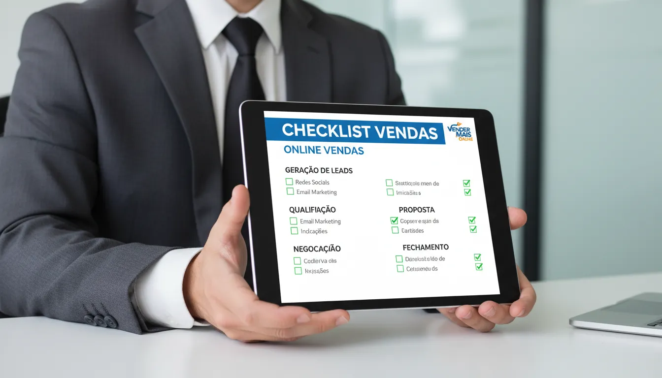 Checklist detalhado em um tablet, destacando áreas-chave do processo de vendas, como geração de leads e qualificação, visando otimizar o diagnóstico comercial.