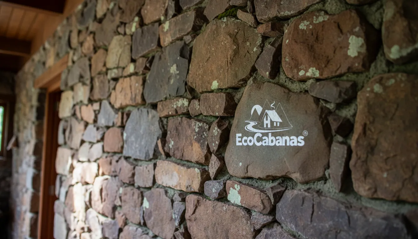 Close-up detalhado da parede de pedra em uma Eco Cabana, revelando texturas naturais, cores variadas e um padrão orgânico, realçando o charme rústico.